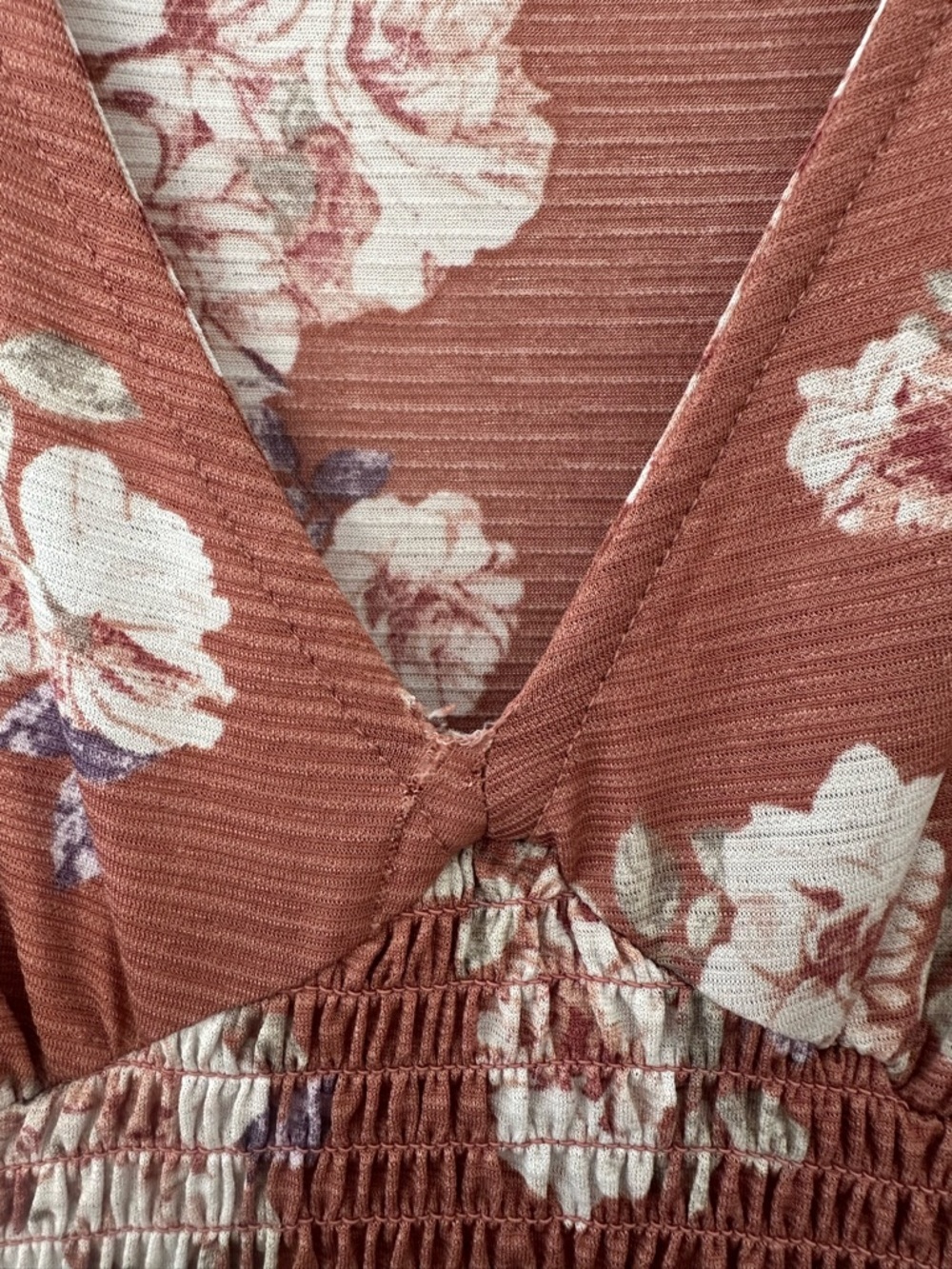 Terracotta Floral V-Neck Smocked Waist Flutter Sleeve Flowy Midi Dress Boho Chic - Picture 3 of 7